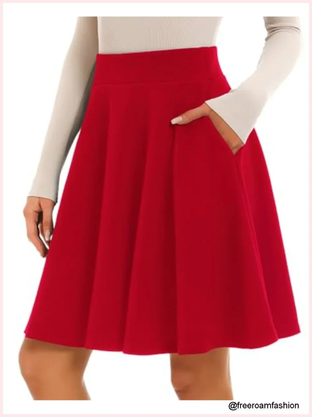 High Waisted Midi Skirt with Pockets Stretchy Flared Pleated Knee Length